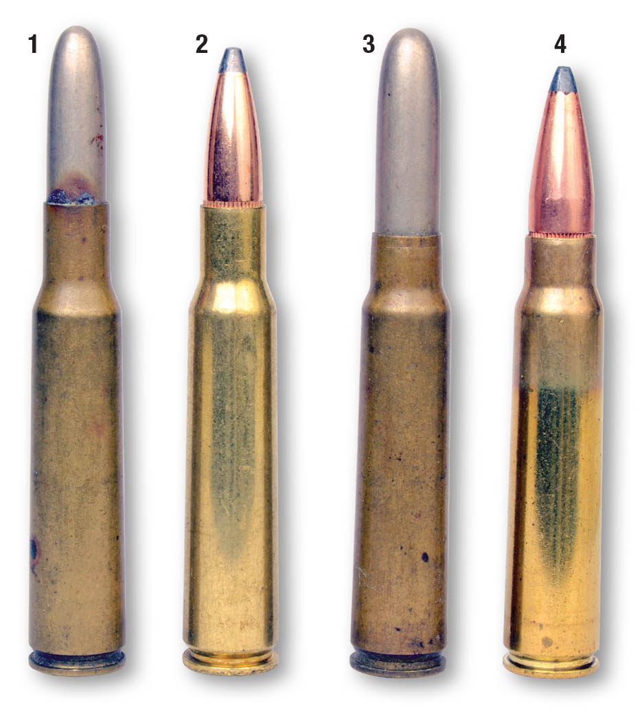 These cartridges include (1) an original military 7x57mm load and a (2) handload with a spitzer bullet. Shown for comparison is (3) an original 7.65x53mm Argentine and a (4) handload with a spitzer bullet.